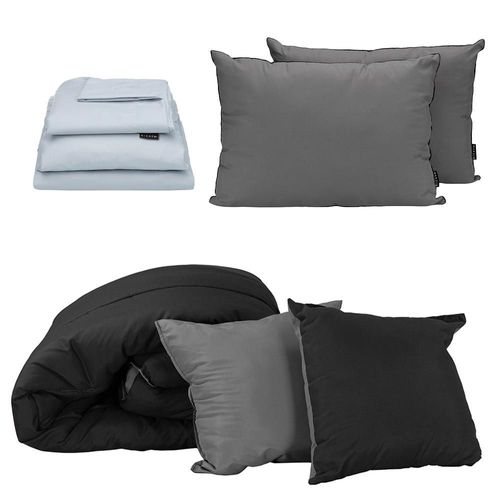 Set de Edredon Queen Size Doble Vista Couzy Negro-Gris Oxford + Sabanas Softy Platino + Almohada 2 Pack RGH