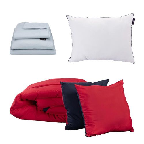 Set de Edredon Individual Doble Vista Couzy Rojo-Azul Marino + Sabanas Softy Platino + Almohada One RGH