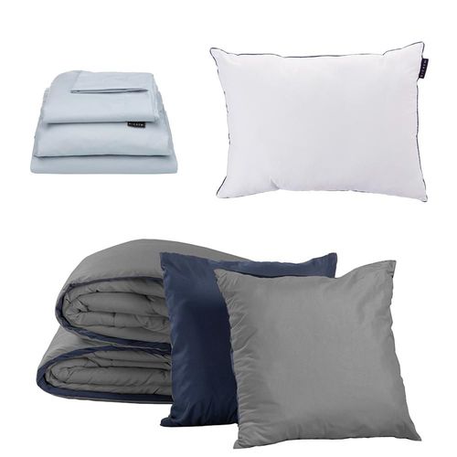 Set de Edredon Individual Doble Vista Couzy Azul Marino-Gris + Sabanas Softy Platino + Almohada One RGH