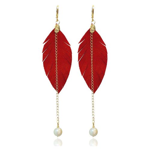 Vangania aretes largos con pluma y perla Mallorca joyería artesanal boho chic