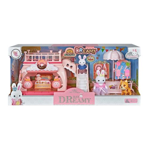 Juguete Casa de Muñecas Set Tienda de Postres de Conejitos con Terraza, Resbaladilla, Accesorios y Figuras Incluidas