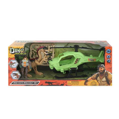 Juguete Set Dino World con Helicóptero Militar, Dinosaurio, Figura de Explorador y Accesorios Incluidos