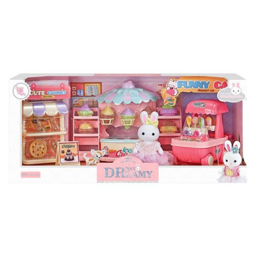Juguete Casa de Muñecas Set Estación de Postres con Carrito de Helados, Pizza, Accesorios y Conejitos Incluidos