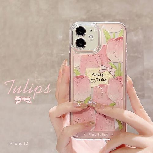 Funda Para IPHONE 12 Yingkaida TPU Transparente Tulipanes Pintados