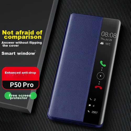Funda Para Huawei P50 Pro Zhengjian Cuero Genuino Azul Ventana Smart View