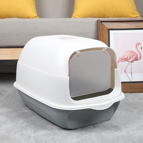 Arenero para gato con puerta gris y blanco