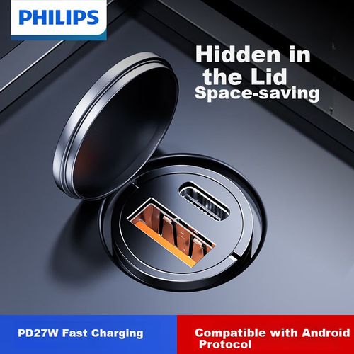 Cargador De Coche Philips Dlp4326B Dual Usb-A Y Usb-C Negro