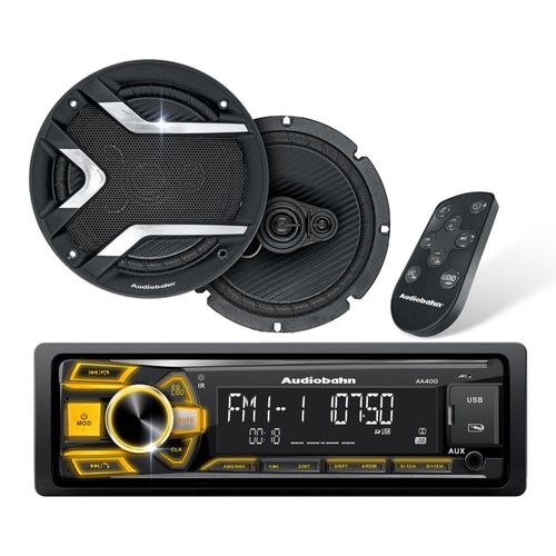 Combo Autoestéreo 1 Din Audiobahn con Bocinas 6.5" Bluetooth/USB/SD Control Remoto / Luces RGB AA400COMBO | Sonido Potente para Tu Auto