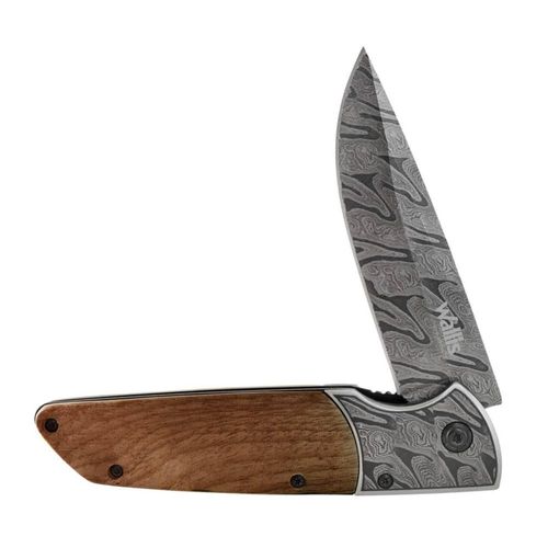 Navaja de bloqueo Wallis con mango de madera con acero, hoja lisa con diseño y clip