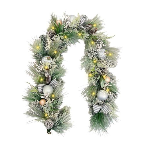 Guirnalda de Navidad Decorativa Navideña 180cm Nevada con Luces LED 3 Tipo de Rama Diferente PE & PVC & Pine Decoración con berries y esferas plata