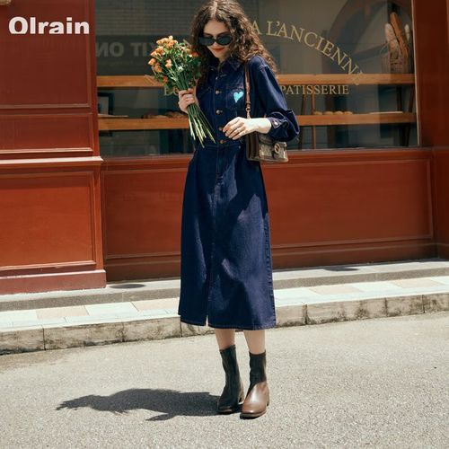 Vestido de Mezclilla OLRAIN Bordado Cintura Alta Azul Para Mujer