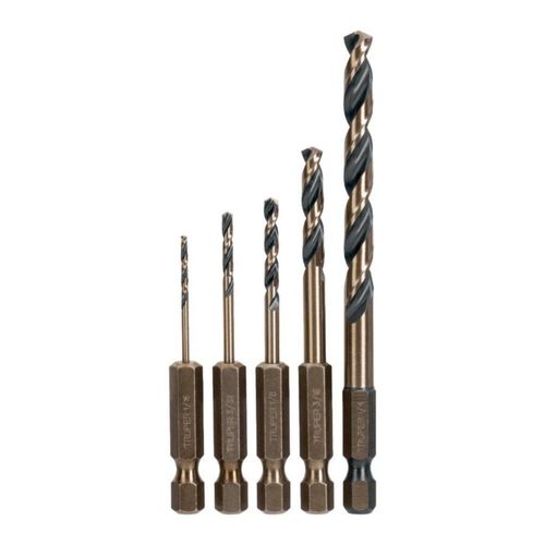 AM3K ofrece el juego de 5 brocas HSS para metal JBAV-5R con zanco de cambio rápido, ideales para perforar metales con precisión.