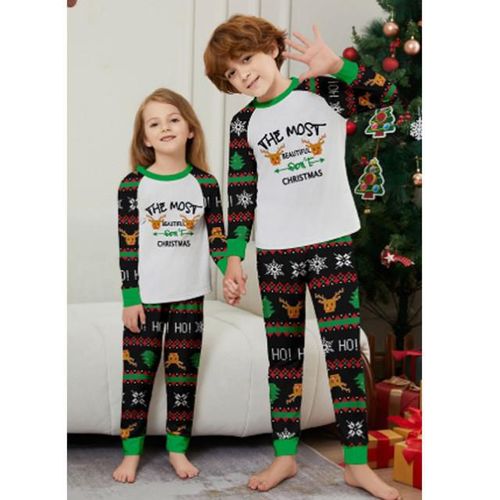 Ropa para el hogar de padres e hijos europeos y americanos Fawn letra estampada pijama de manga larga dos juegos de padres e hijos de Navidad.HOGAWAY