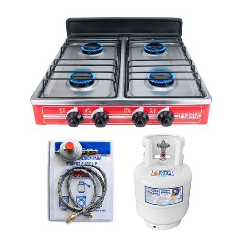 Combo TETRA FLAMA AC parrilla 4Q-CA-R de 4 quemadores y tanque de gas