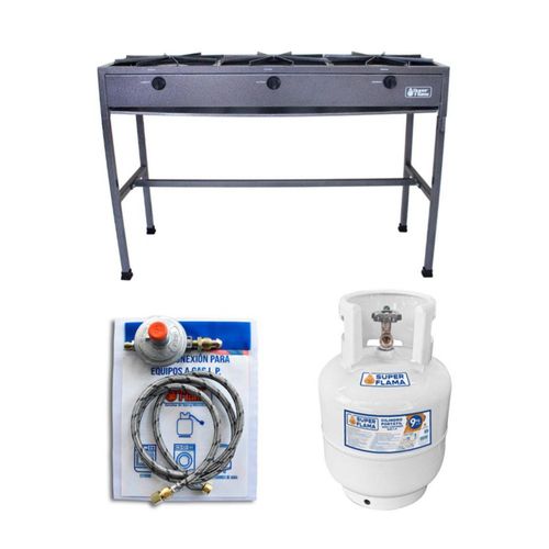 Combo de estufon ES-3Q-G de 3 quemadores y tanque de gas de 9KG