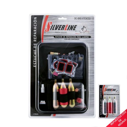 Estuche de Reparación para Llantas Silverline con Aire Comprimido + 3 cartuchos adicionales de regalo