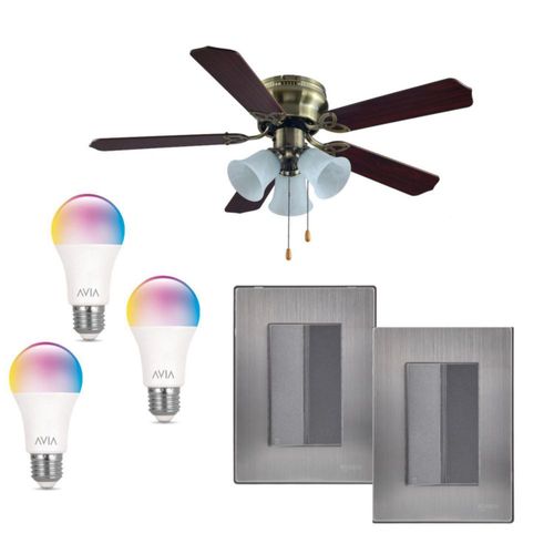 Kit ventilador funcional café 3 velocidades 5 aspas 2 placas apagador linea inox 3 modulos orford y 3 focos inteligentes led de regalo