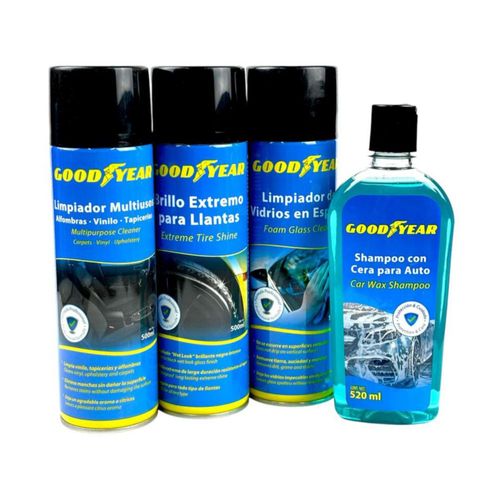 Kit de limpieza con Shampoo con Cera 520ml Brillo para Llantas 500ml Limpiador de Vidrios 500ml y limpiador de Tapicerías 500ml