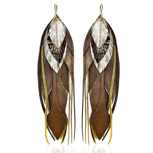 Vangania Aretes largos de pluma 19 cm color mocha cafe estilo boho baño oro