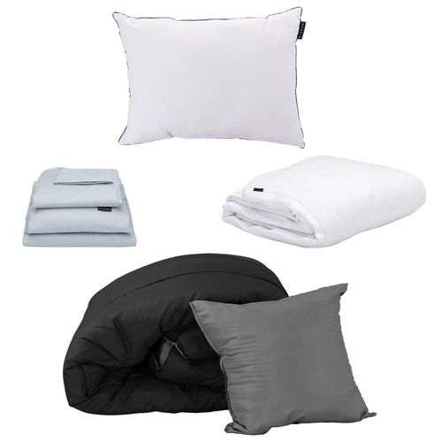 Set de Edredón Individual Doble Vista Couzy Negro-Gris + Protector Cloud +  Sábanas Softy Platino + Almohada One RGH