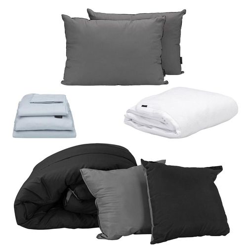 Set de Edredón Queen Size Doble Vista Couzy Negro-Gris + Protector Cloud +  Sábanas Softy Platino + Almohada 2 Pack RGH