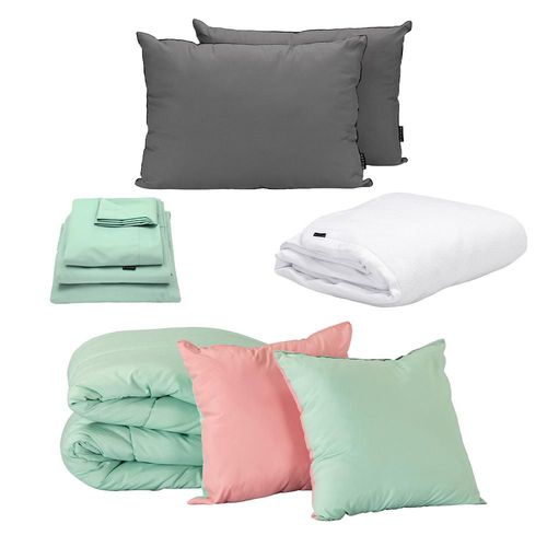 Set de Edredón Queen Size Doble Vista Couzy Rosa-Menta + Protector Cloud +  Sábanas Softy Menta + Almohada 2 Pack RGH