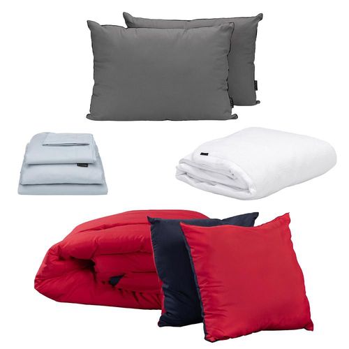 Set de Edredón King Size Doble Vista Couzy Rojo-Azul Marino + Protector Cloud +  Sábanas Softy Platino + Almohada 2 Pack RGH
