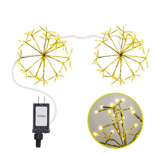 Luces serie 112 led star burst Artego con 2 ramos de 40cm de diámetro unidos de 56 leds ALPHA luz led cálida color cable dorado