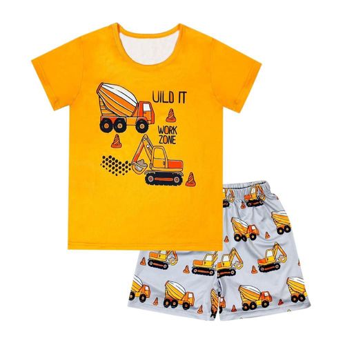 Pijama de hombre de dos piezas camisa manga corta y short con estampado de excavadora de tejido de algodon blanco y naranaja, HOGAWAY