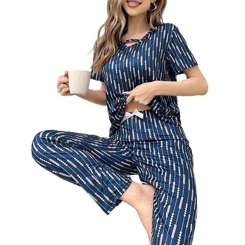 Pijama para mujer de dos piezas camisa manga corta y pantalon largo con estampados verticales, tejido de poliéster azul HOGAWAY