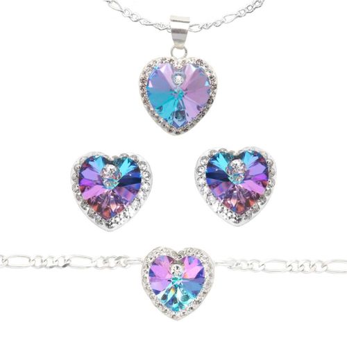 Juego Gargantilla, Arete y Pulsera Corazón vitral Horoz Plata 925 EP802