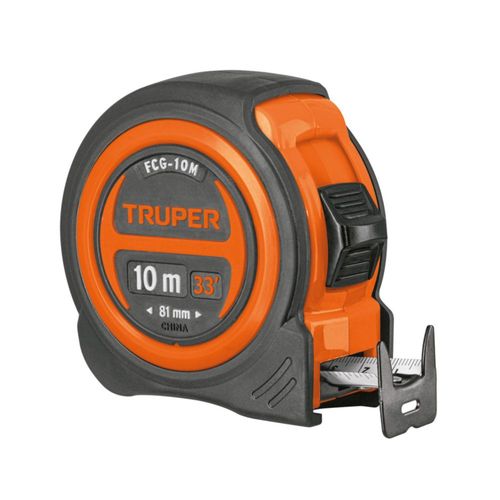 AM3K ofrece flexómetro contra impactos de 10 m con cinta negra de 32 mm, carcasa ABS/TPR, gancho doble y seguro para mediciones profesionales.