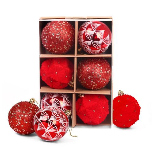 Esferas para árbol de navidad Artego de 8 cm de diámetro paquete 6 esferas Rojo Heart  Línea Handmade Acabado soft con 3 estilos diversos
