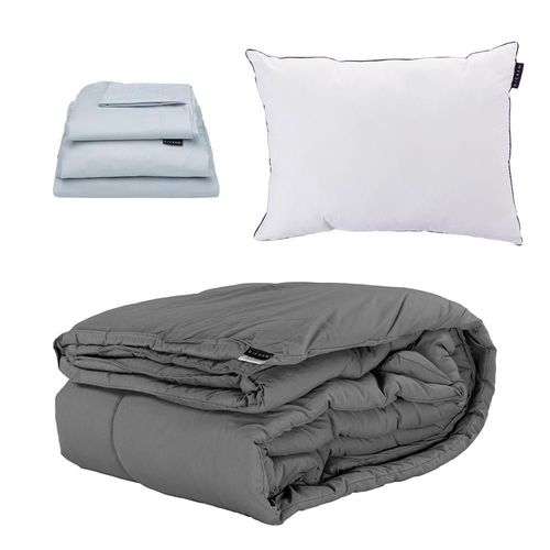 Edredón Individual Homy Gris + Sábanas Platino + Almohada One CZD