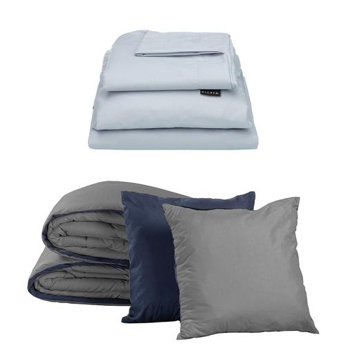 Edredón Queen Size Couzy Azul Marino/Gris + Sábanas Softy Platino CZD