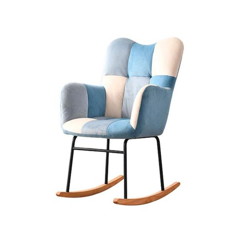 Ilios Innova | Silla Mecedora de Terciopelo Bloques Azul, con Patas Madera. Diseño Moderno y Cómodo. Ideal para Relax y Descanso en Sala o Dormitorio.