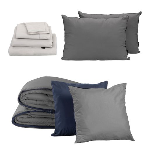 Set Edredón Queen Size Couzy Azul M-Gris +Sábanas +Almohada 2Pack CZD