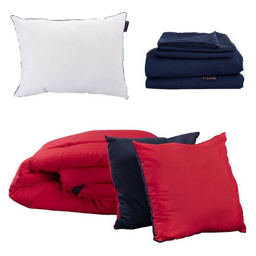Set Edredón Individual Couzy Rojo-Azul M + Sábanas + Almohada One CZD