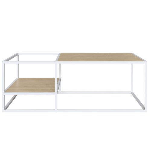 Mesa de Centro Rectangular Color Blanco y Madera con 2 Tableros y Estructura Metálica de Acero MDP 100cm (Ancho)*60cm (Profundo)