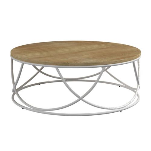 Mesa de Centro Circular con Madera MDF y Base de Metal Blanca (Diámetro: 80cm)