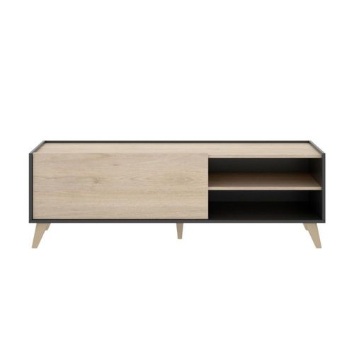 Mueble de TV Color Madera y Gris Obscuro con 1 Puerta Abatible, 2 Huecos y 1 Entrepaño. Hecho de Madera Industrializada