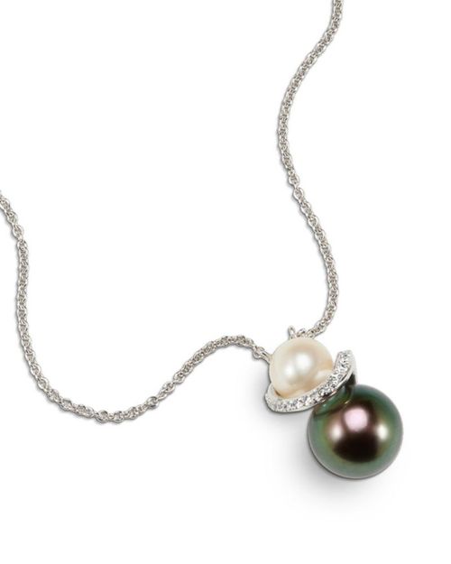 GARGANTILLA DE ORO BLANCO 14K CON 6PTS DE DIAMANTE Y PERLA BLANCA Y NEGRA