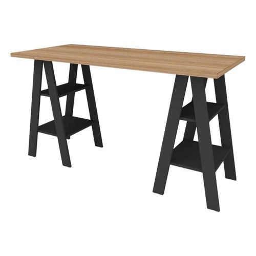 Escritorio Industrial con Base Tipo Caballete y Estantes Laterales en Color Madera – Bossa Kubo