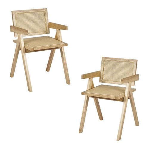 Ilios Innova | Set de 2 Sillas Jean de madera y ratán sintético color natural con respaldo y asiento trenzado, para comedor, sala u oficina.
