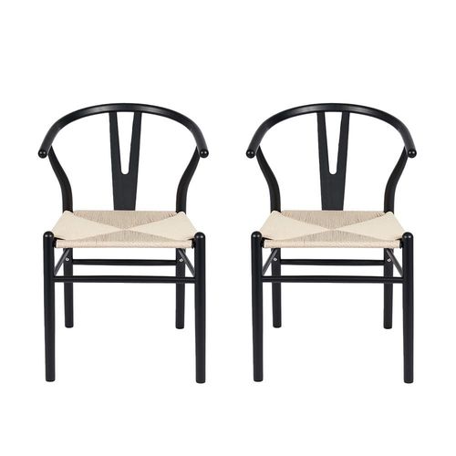 Ilios Innova | Juego de 2 sillas de comedor Bone con estructura negra de madera de haya y asiento de cuerda de papel tejido resistente y minimalista.