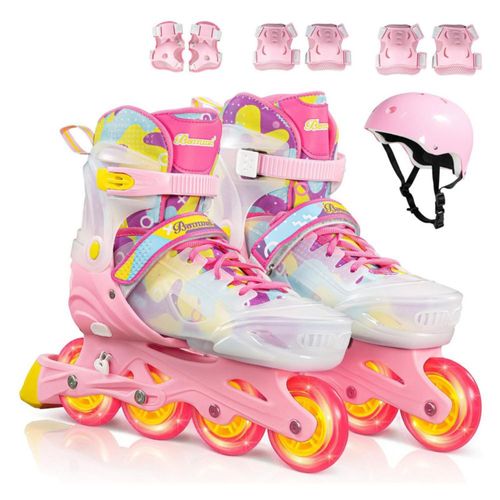Patines Linea Centurfit 4 Ruedas Luz LED Ajustables Niños Adultos Kit Seguridad Casco Rodilleras Comodos Resistentes Color Rosa Talla G 24.6-27cm