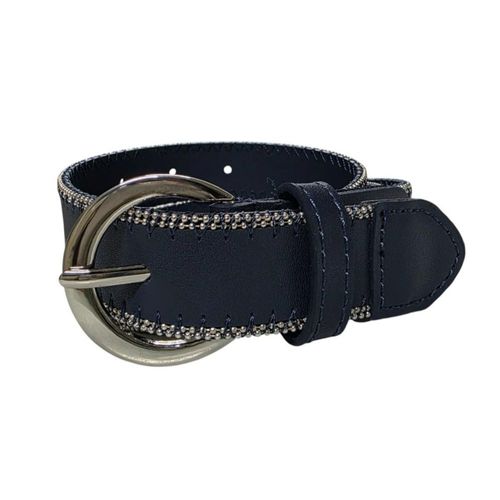 Ferrioni Cinturón de Piel Dama Azul Marino Costura y Detalles Metálicos 25mm