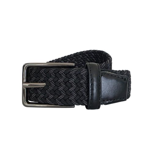 Ferrioni Cinturón Textil para Niño Elástico Trenzado Negro Gris con Piel 29 mm