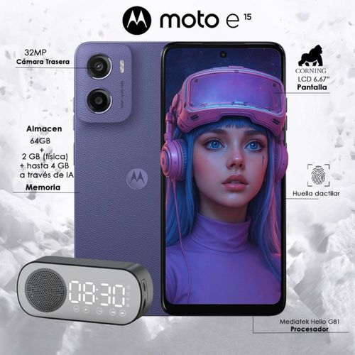 Celular Moto e15 64GB 2GB RAM Dual sim Morado + Bocina