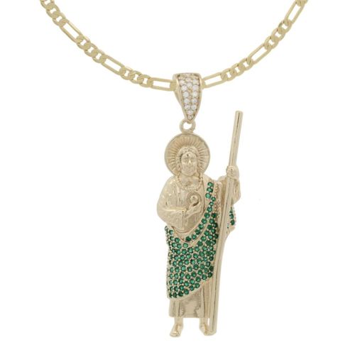 Collar San Judas Tadeo Grande Circonias Verdes 60cm Chapa de Oro 18K Horoz EH123